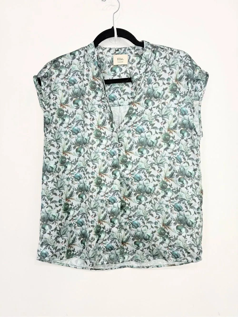 Elie Tahari Blue Teal Botanical Print V Neck Sleeveless Blouse